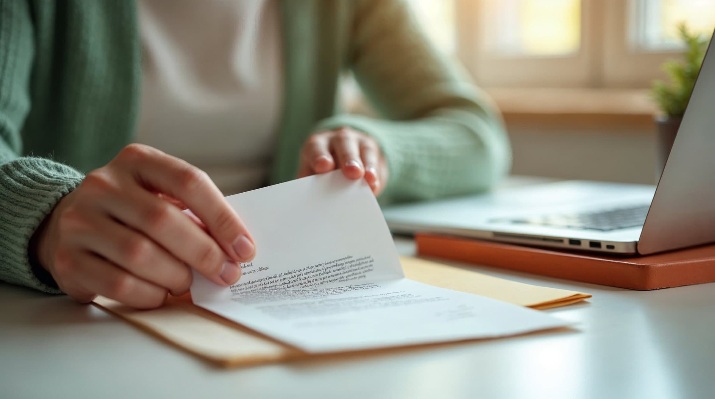 Personne sortant une lettre manuscrite de son enveloppe